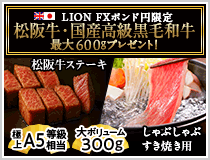LION FXポンド円限定 松阪牛・国産高級黒毛和牛最大600gプレゼント!
