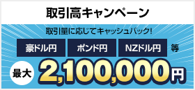 取引高キャンペーン 取引量に応じてキャッシュバック！ 豪ドル円 ポンド円 NZドル円等最大2,100,000円